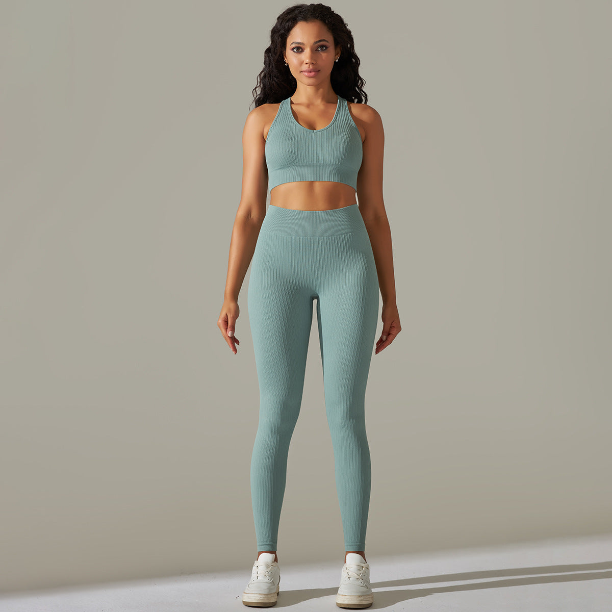 Solid Color Peach Hip Skinny Knit Striped Sports Bra Yoga Suit Running Fitness Pants Two Piece Set