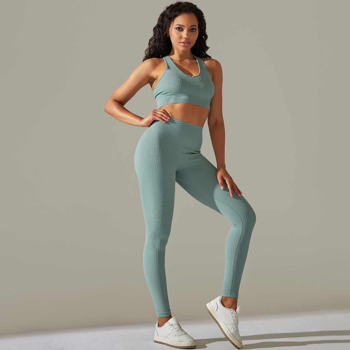 Solid Color Peach Hip Skinny Knit Striped Sports Bra Yoga Suit Running Fitness Pants Two Piece Set