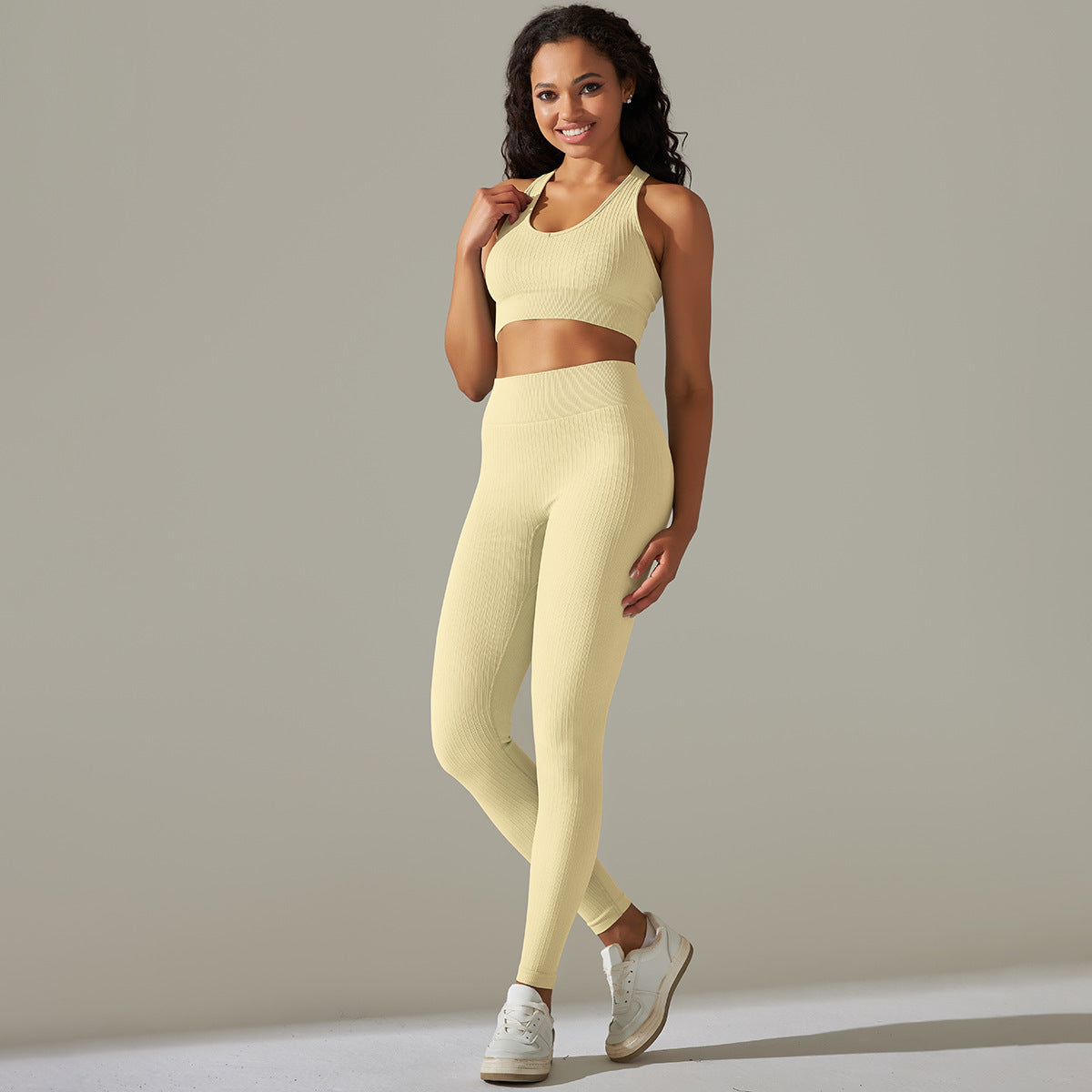 Solid Color Peach Hip Skinny Knit Striped Sports Bra Yoga Suit Running Fitness Pants Two Piece Set